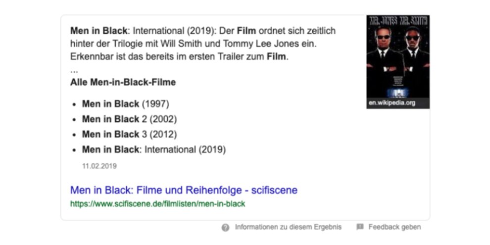 Featured Snippet mit Absatz und Liste und Bild einer anderen Seite Featured Snippet mit Absatz und Liste